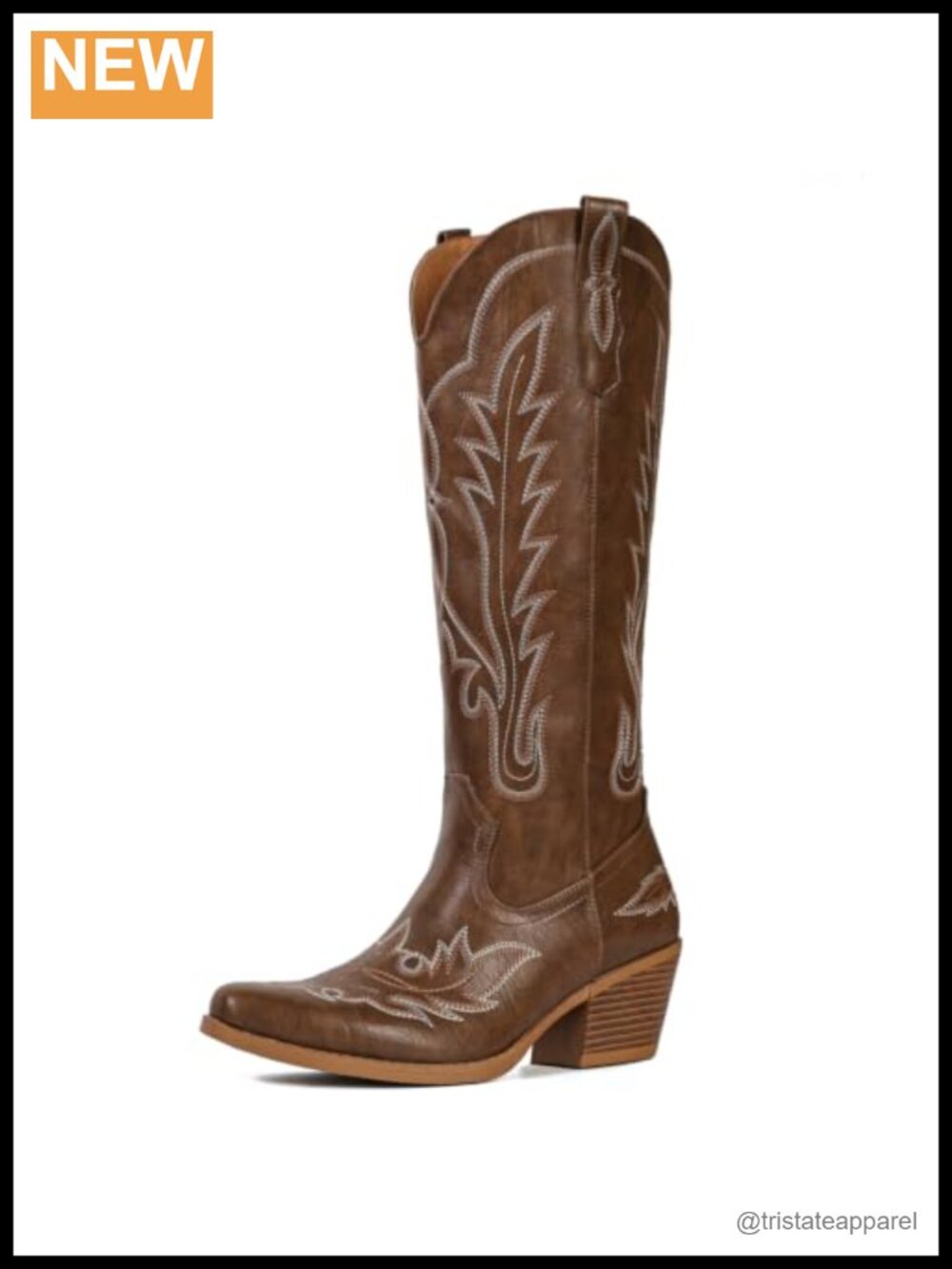 Women Knee High Cowgirl Boots Faux Leather Snip Toe Block Heel Pull-On